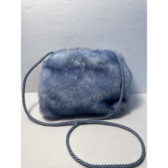 Rothschild Blue Faux Fur Purse Bag Wool Flower Loop Cord Closure Fuzzy - Picture 4 of 7